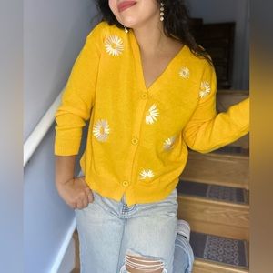 Daisy Pattern Embroidered Knitted Cardigan/Long Sleeve Sweater/For Fall & Spring